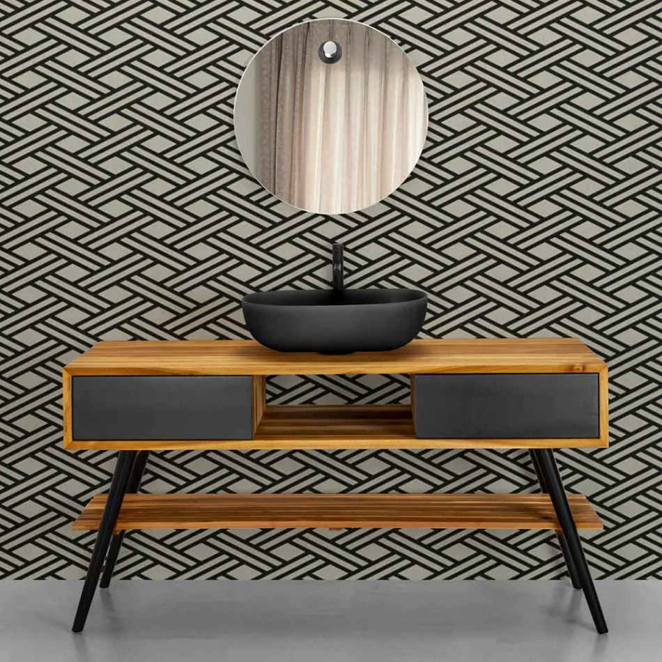 Mobile Bagno a Terra Moderno con Cassettiera Color Nero Design - Hamadou Viadurini