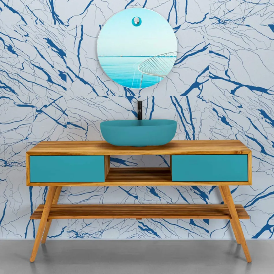 Mobile Bagno Moderno in Teak Naturale con Cassettiera Colore Blu  - Hamadou Viadurini