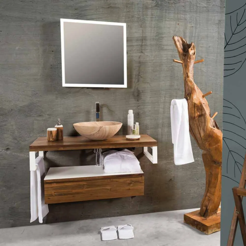 Mobile Bagno Sospeso in Teak con Portasalviette in Hi Macs® Bianco - Saverno Viadurini
