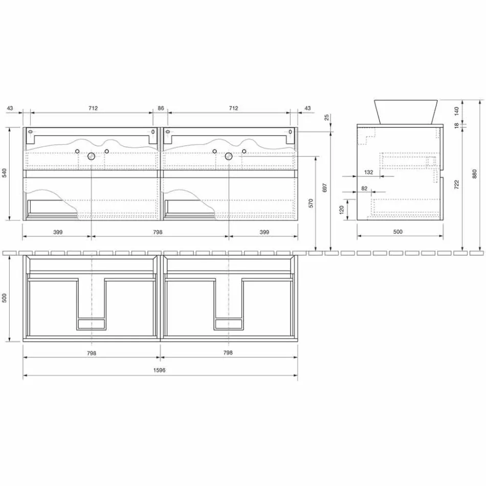 Mobile per Bagno a Sospensione con Doppio Lavabo da Appoggio - Mandrillo Viadurini