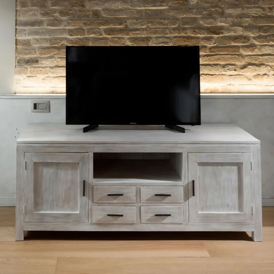 Mobile Porta Tv in Teak Massello con 2 Ante e 4 Cassetti - Kendo Viadurini