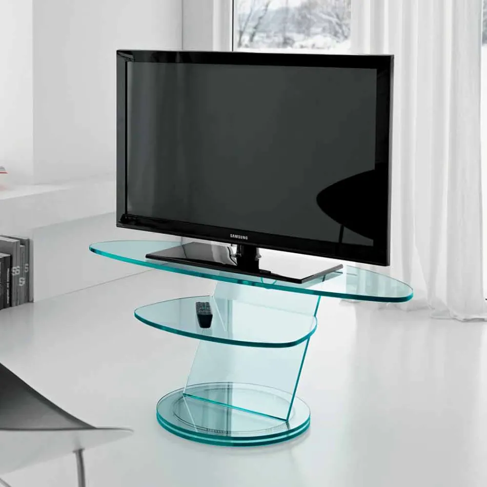 Mobile Porta Tv in Vetro con Base Rotante e Ripiano 2 Dimensioni - Salemme Viadurini