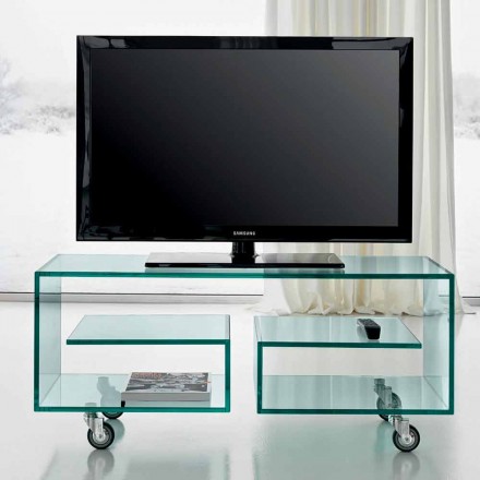 Mobile Porta Tv Multiuso da Salotto in Vetro Trasparente con Ruote - Birintolo Viadurini