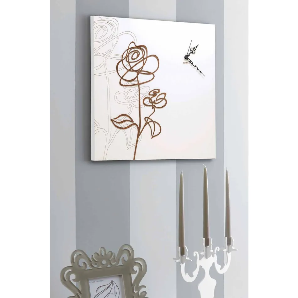 Orologio a Parete in Legno Bianco Quadrato con Decoro a Rosa Moderno - Bucaneve Viadurini