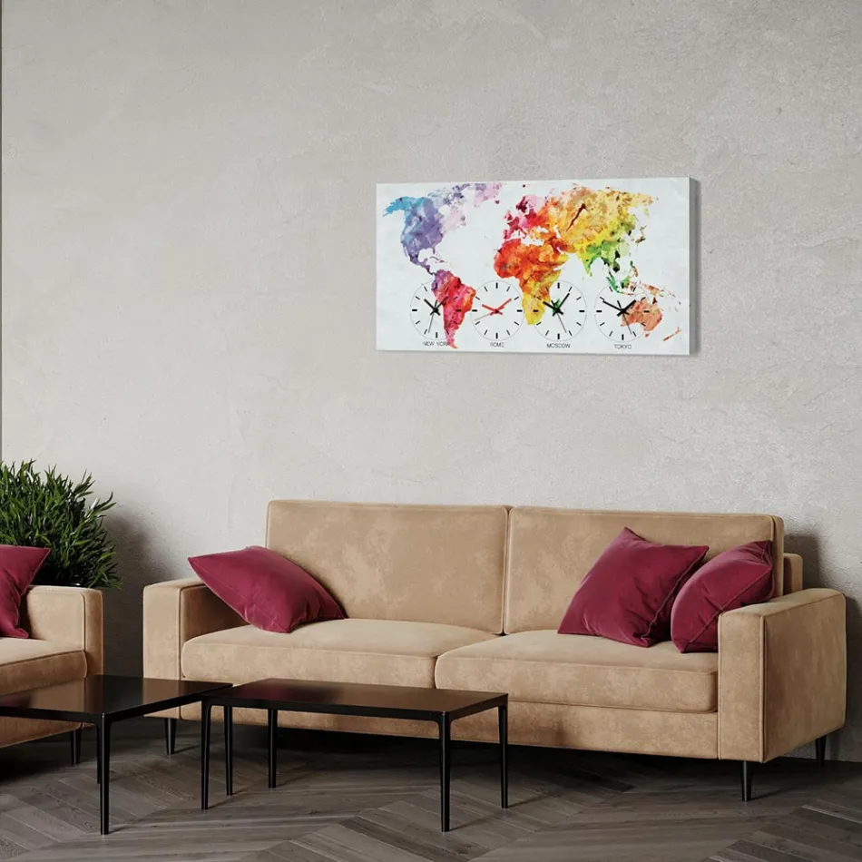 Orologio da muro su tela completo di 4 fusi orari Alex, design moderno Viadurini