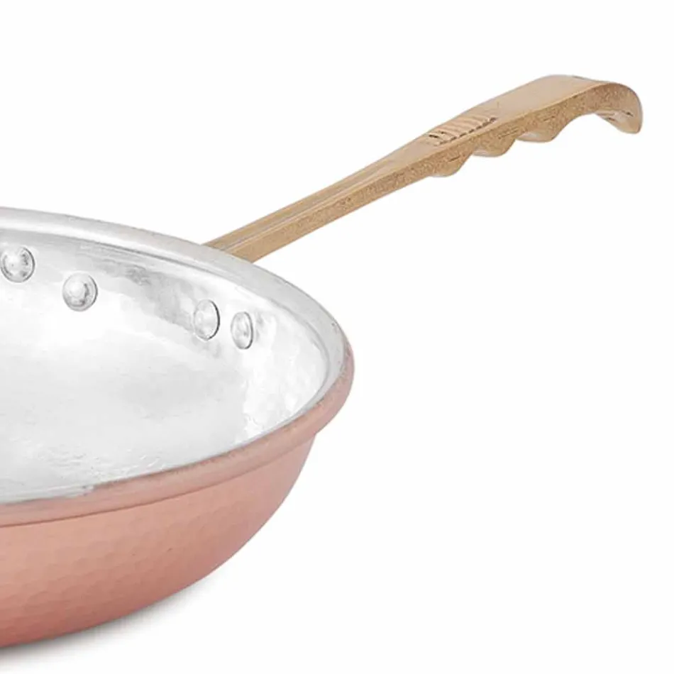 Padella Tonda in Rame Stagnato a Mano con Manico e Coperchio 24 cm - Gianluigi Viadurini