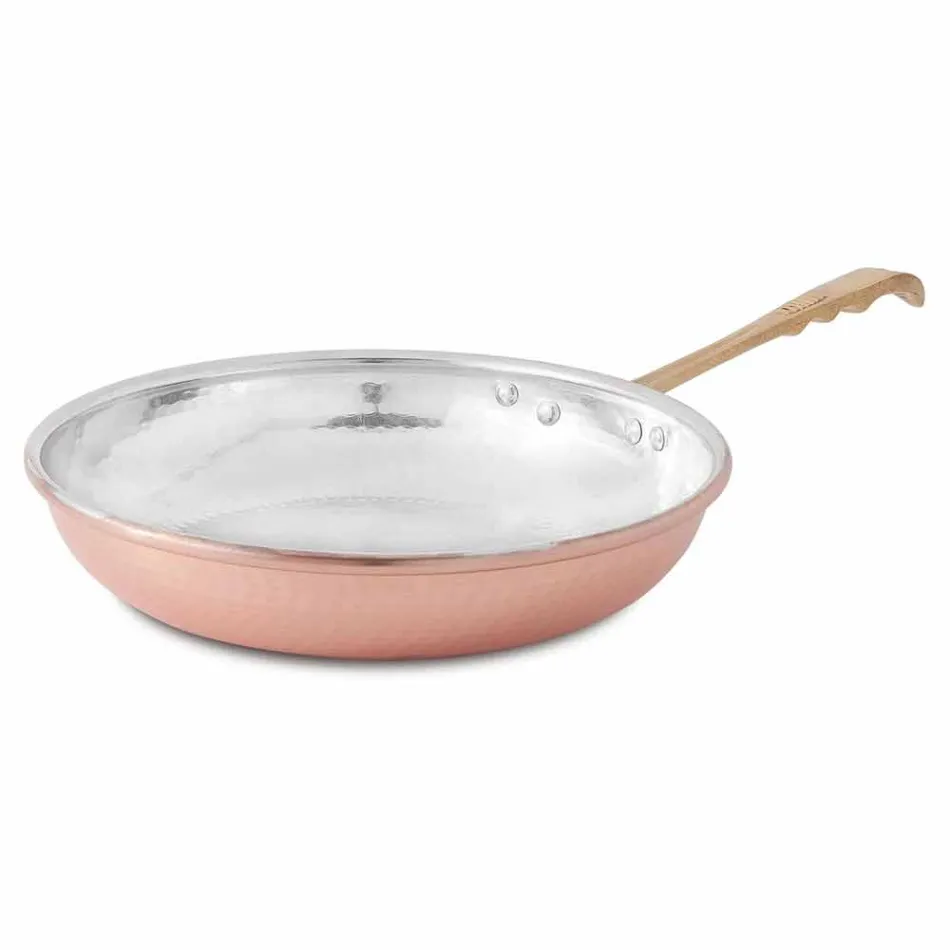 Padella Tonda in Rame Stagnato a Mano con Manico e Coperchio 28 cm - Gianluigi Viadurini