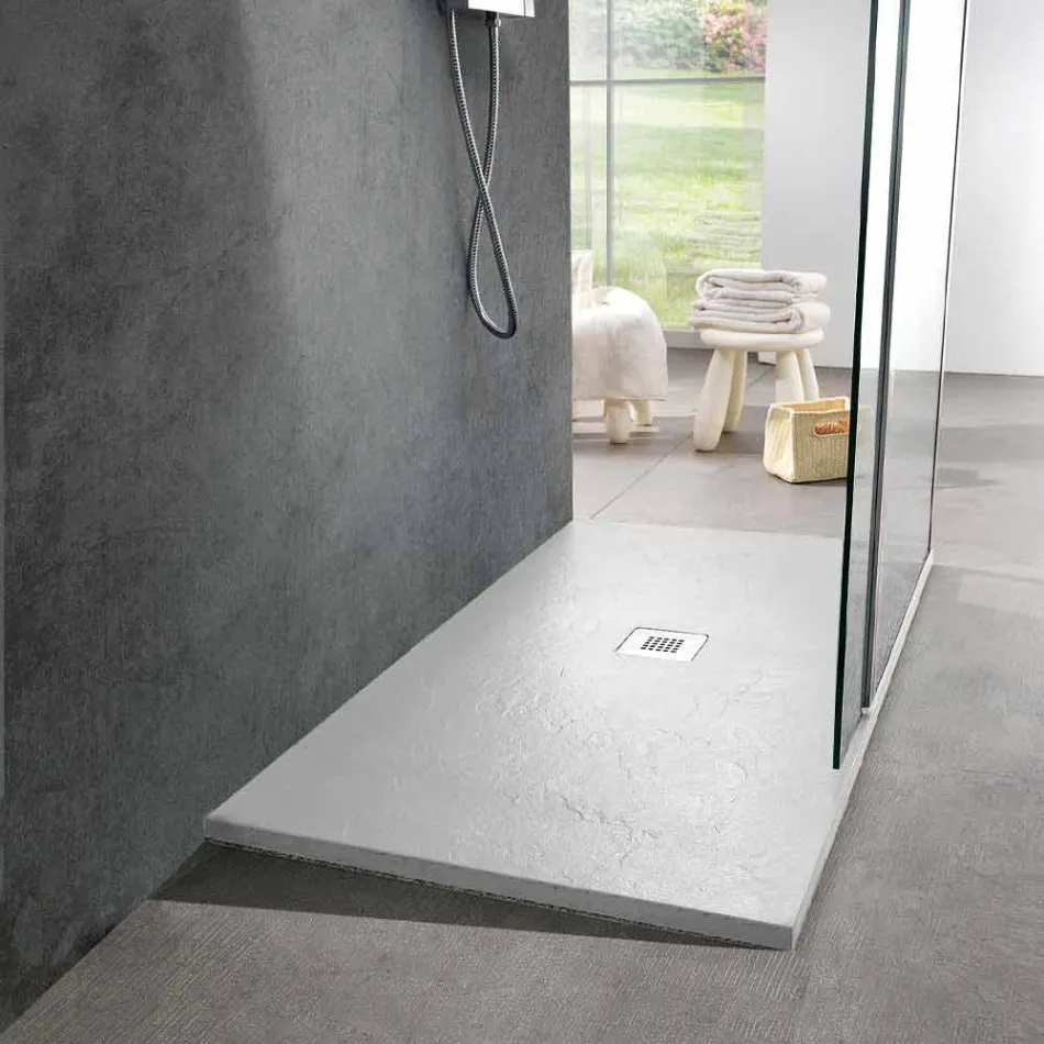 Piatto Doccia 140x80 in Resina Finitura Effetto Ardesia Bianca Moderno - Sommo Viadurini