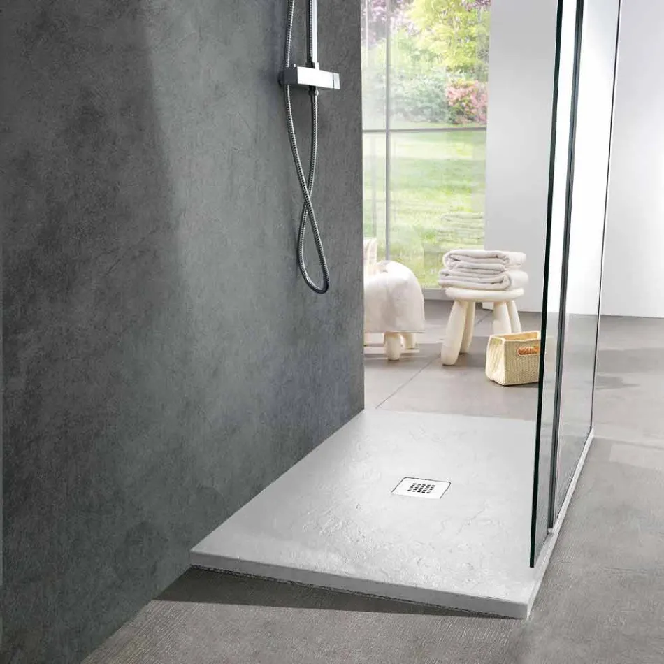 Piatto Doccia Moderno 90x70 in Resina Bianca Effetto Ardesia - Sommo Viadurini