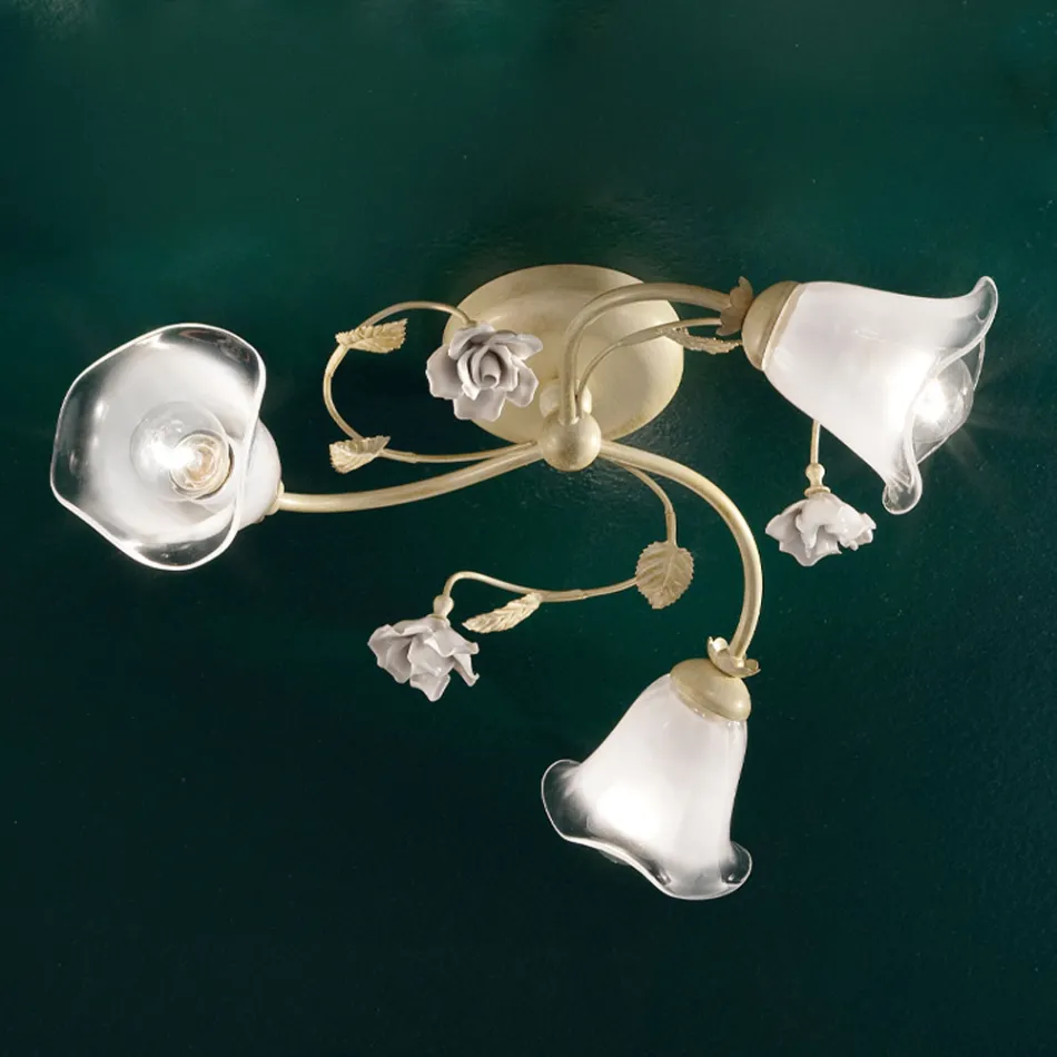 Plafoniera Vintage 3 o 4 Luci in Ferro, Vetro e Rose di Ceramica - Siena Viadurini