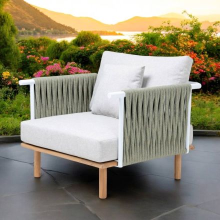 Poltrona da Giardino in Teak, Intreccio in Corda e Cuscini - Bellatrix Viadurini
