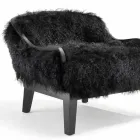 Poltrona da salotto bassa in pelle e pelo nero, made in Italy, Eli Viadurini