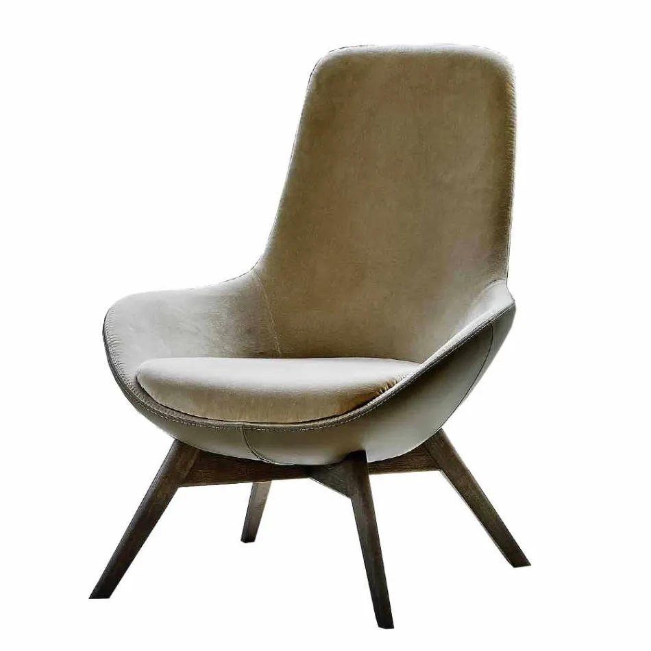 Poltrona da Salotto in Pelle e Tessuto con Base in Legno Made in Italy - Ama Viadurini