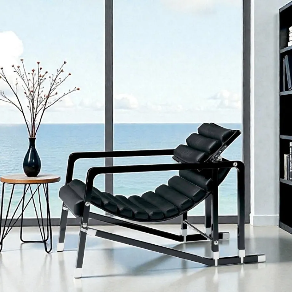 Poltrona Moderna in Legno Laccato Nero Lucido e Pelle Made in Italy - Conga Viadurini