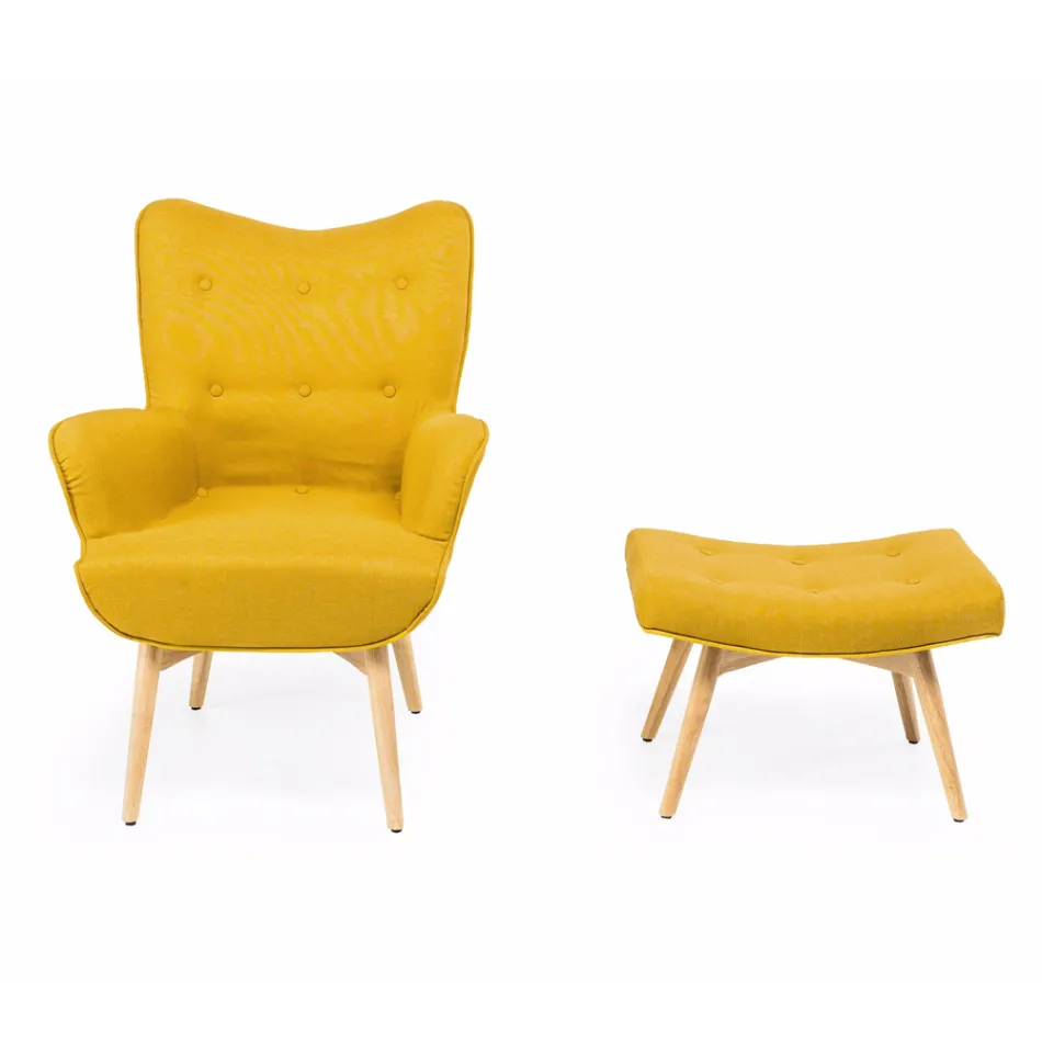 Poltrona + pouf in Legno e Tessuto Misto Cotone - Ailano Viadurini