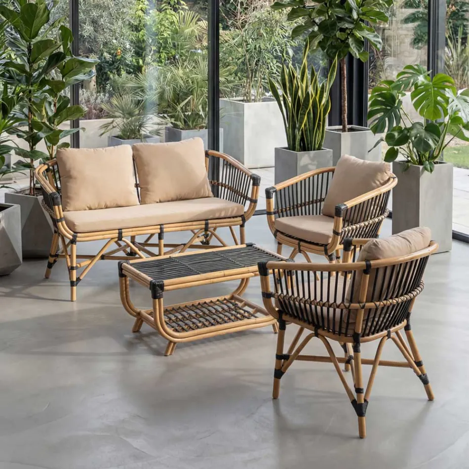 Poltroncina da Giardino in Rattan Naturale con Cuscini Inclusi – Catelyn Viadurini