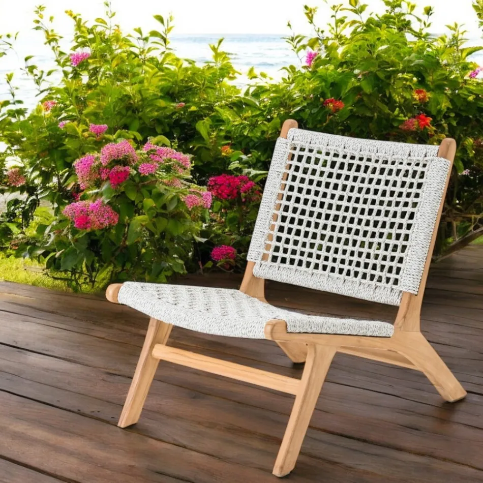Poltroncina Relax da Esterno in Teak ed Intreccio in Corda - Arjuna Viadurini