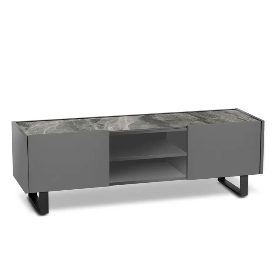 Porta tv con Top in Ceramica Effetto Marmo con 2 Ante e 2 Vani a Giorno - Clak Viadurini