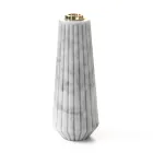 Portacandele Design in Marmo Bianco di Carrara a Righe e Ottone - Amenia Viadurini