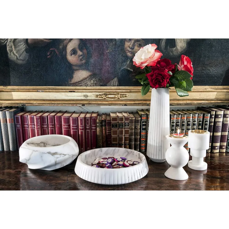 Portacandele di Design in Ottone e Marmo Bianco di Carrara Made in Italy - Bevis Viadurini