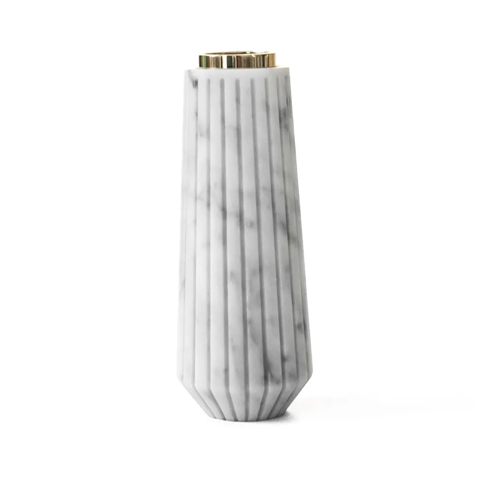 Portacandele in Marmo Bianco di Carrara a Righe e Ottone Made in Italy - Amenia Viadurini