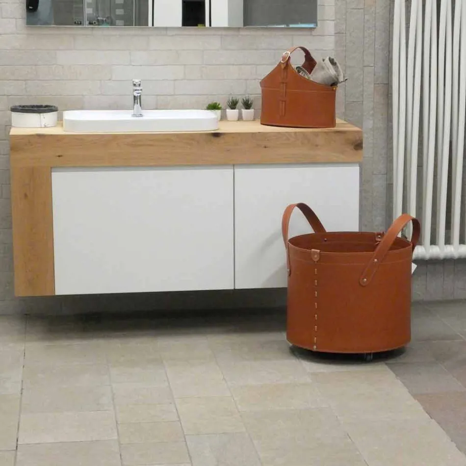 Portalegna cilindrico in cuoio rigenerato con ruote Tonda Firestyle Viadurini