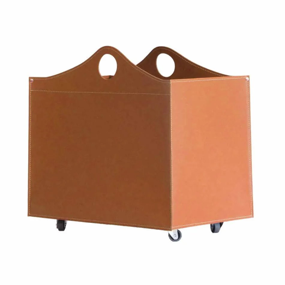 Portalegna in cuoio rigenerato con ruote WoodBag made in Italy Viadurini