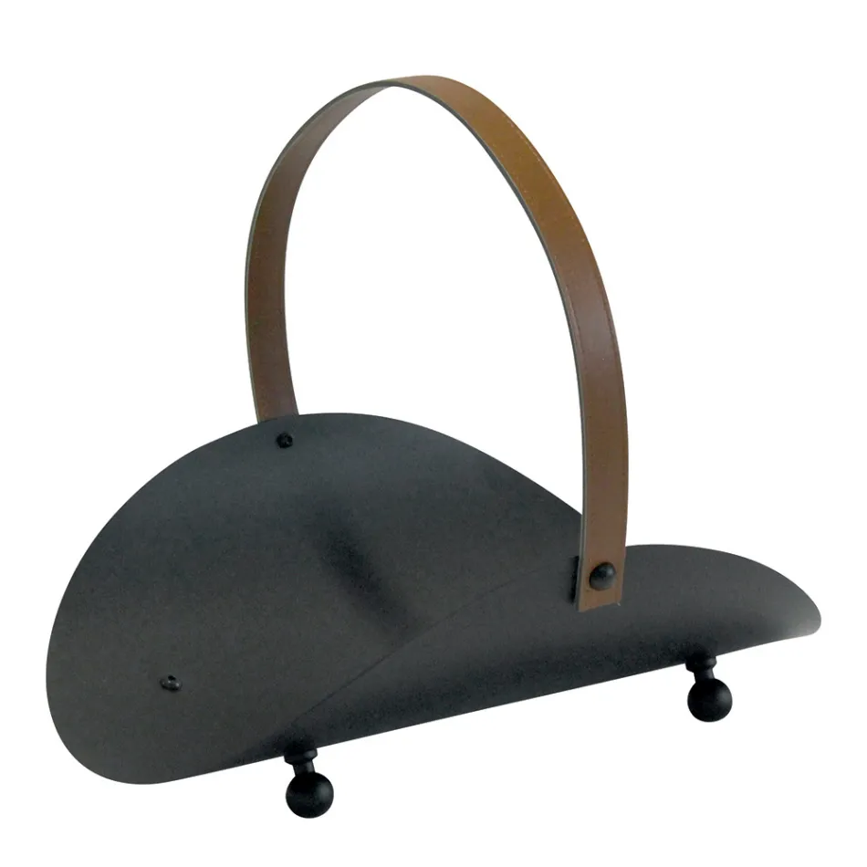 Portalegna in Metallo Nero con Manico in Pelle Made in Italy - Antilope Viadurini