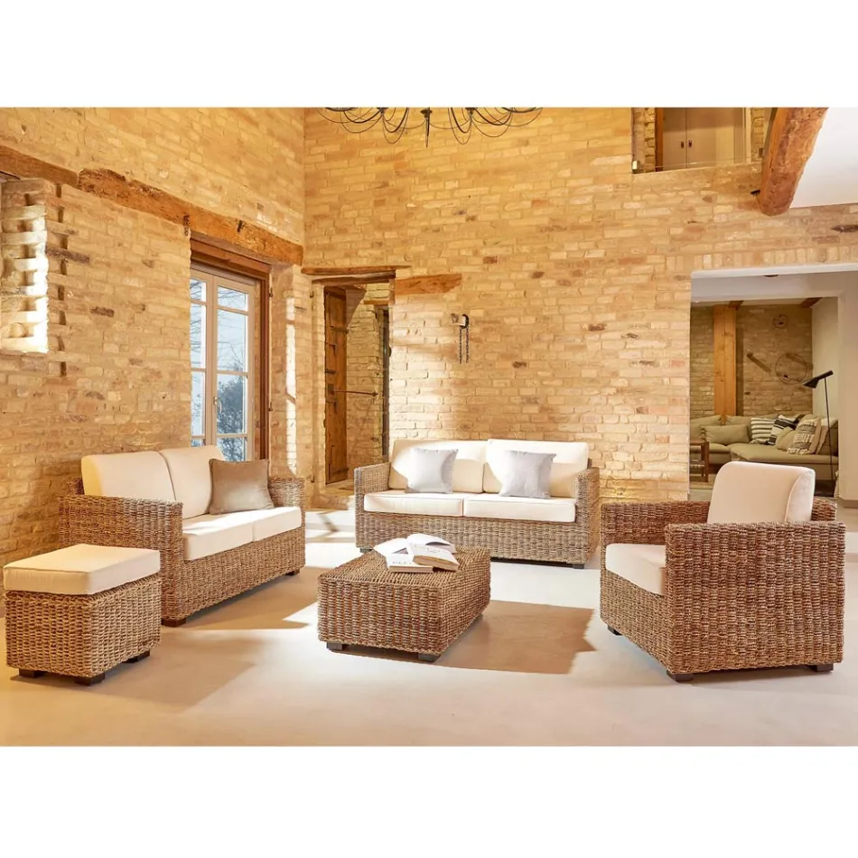 Pouf da Giardino in Abaca Naturale con Cuscino – Raziel Viadurini