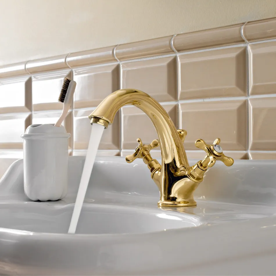 Rubinetto Monoforo per Lavabo in Ottone Maniglie a Farfalla Classico - Fioretta Viadurini