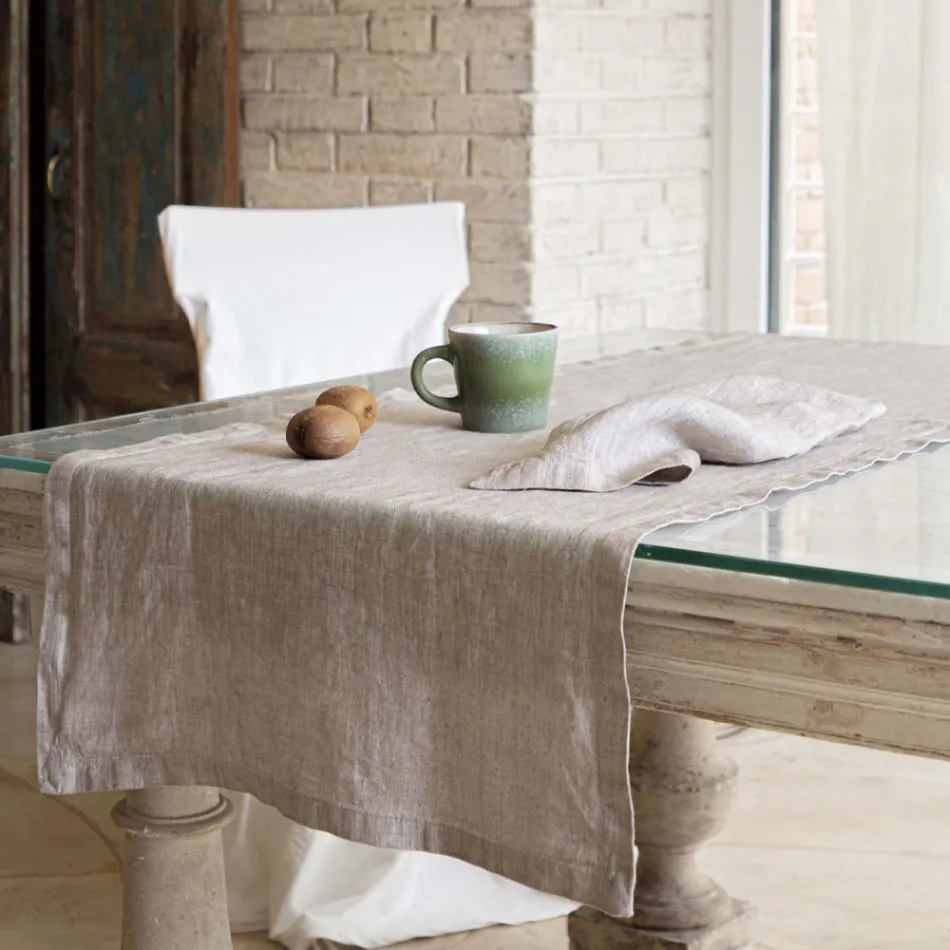 Runner in Lino Beige con Bordo con Piega Lusso Artigianale Italiano - Limao   Viadurini
