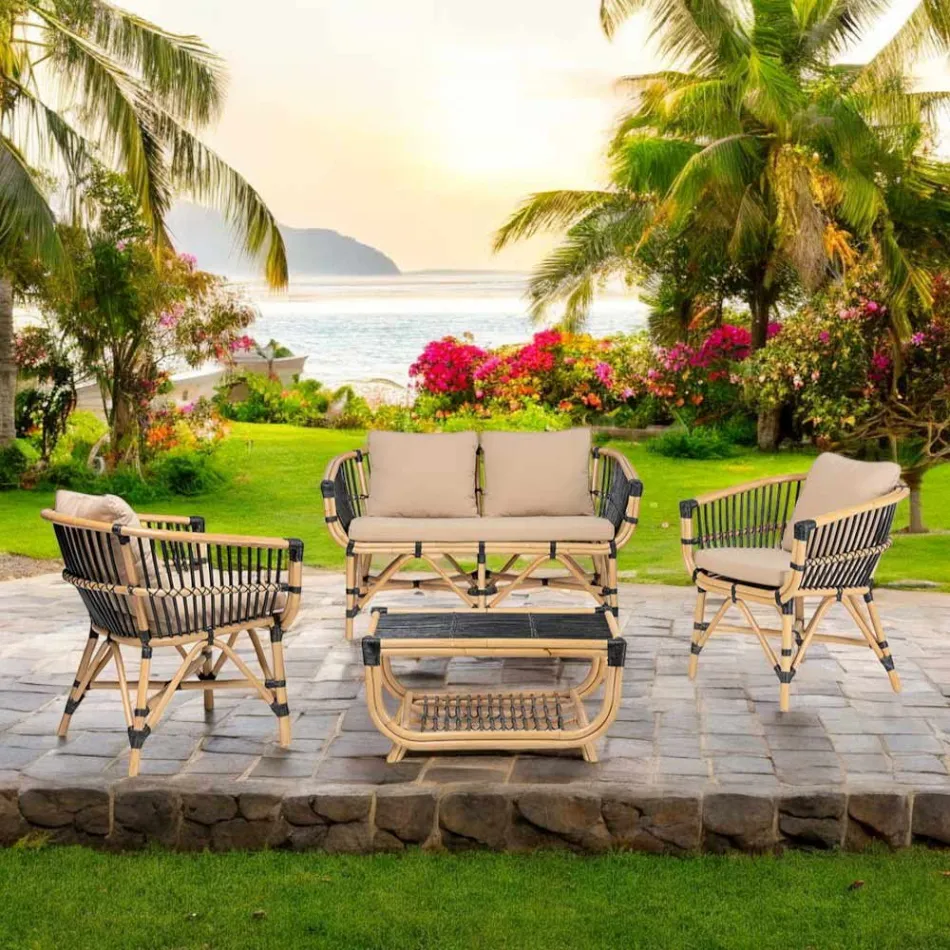 Salotto da Giardino in Rattan Naturale con Cuscini Inclusi – Catelyn Viadurini