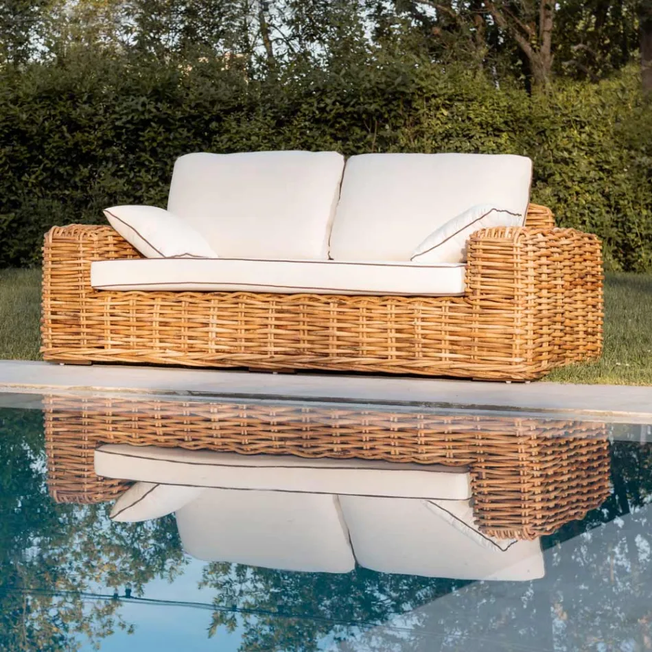 Salotto Outdoor in Rattan Naturale, Cuscini Inclusi, – Keira Viadurini
