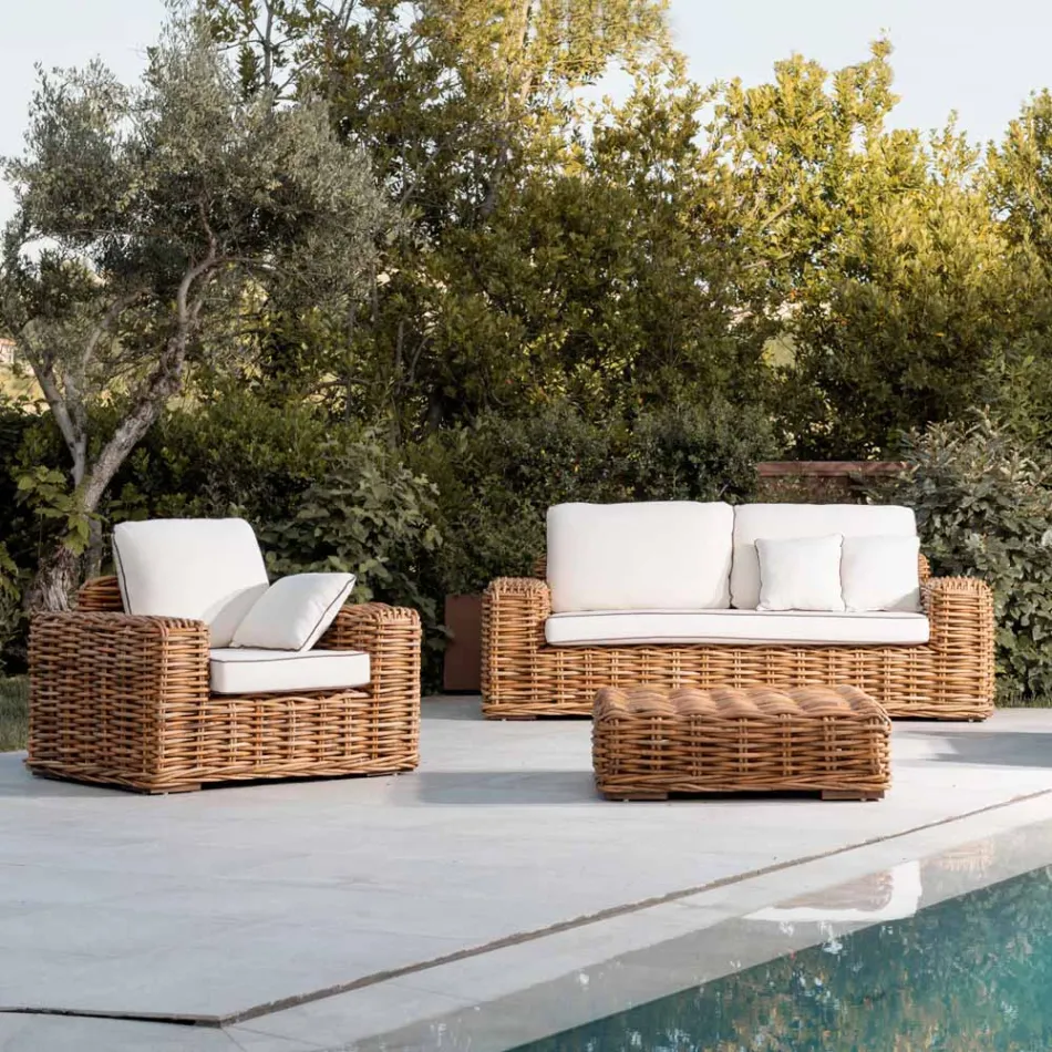 Salotto Outdoor in Rattan Naturale, Cuscini Inclusi, – Keira Viadurini