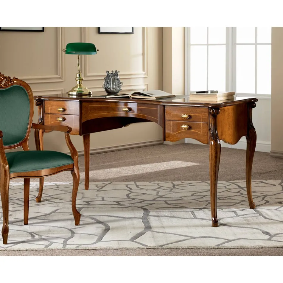 Scrivania Classica 5 Cassetti in Legno e Ecopelle Made in Italy - Commodo Viadurini