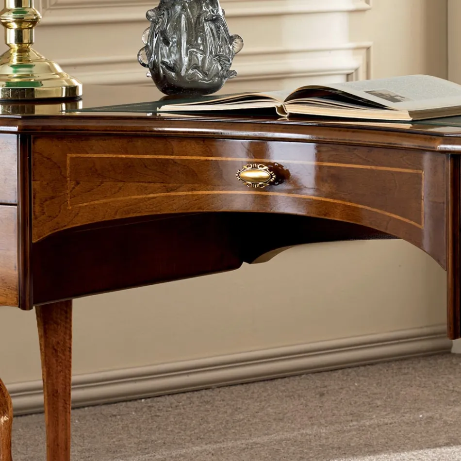 Scrivania Classica 5 Cassetti in Legno e Ecopelle Made in Italy - Commodo Viadurini