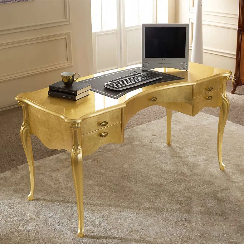Scrivania Classica 5 Cassetti in Legno e Ecopelle Made in Italy - Commodo Viadurini
