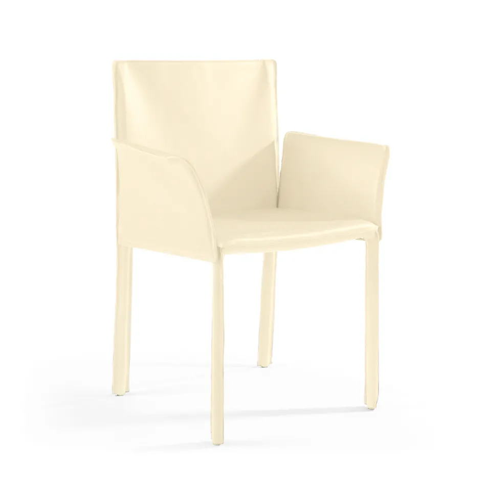 Sedia con Braccioli Rivestita in Cuoio Avorio Made in Italy - Conchiglia Viadurini
