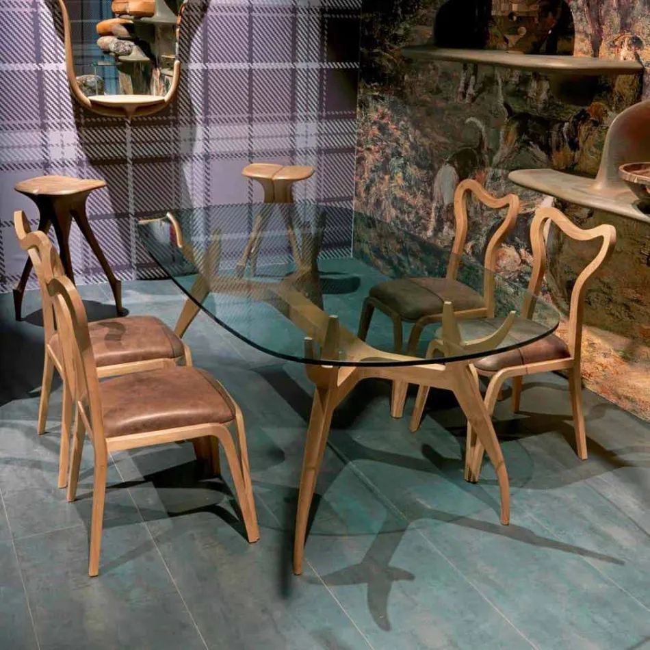 Sedia da pranzo design moderno in legno e pelle, l.41xp.46 cm, Carol Viadurini