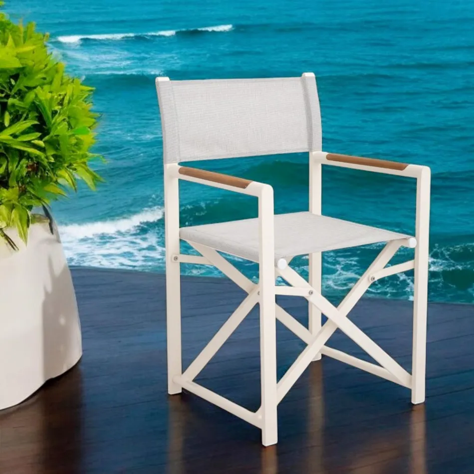 Sedia Regista da Esterno Realizzata in Alluminio, Textilene e Teak - Bloom Viadurini