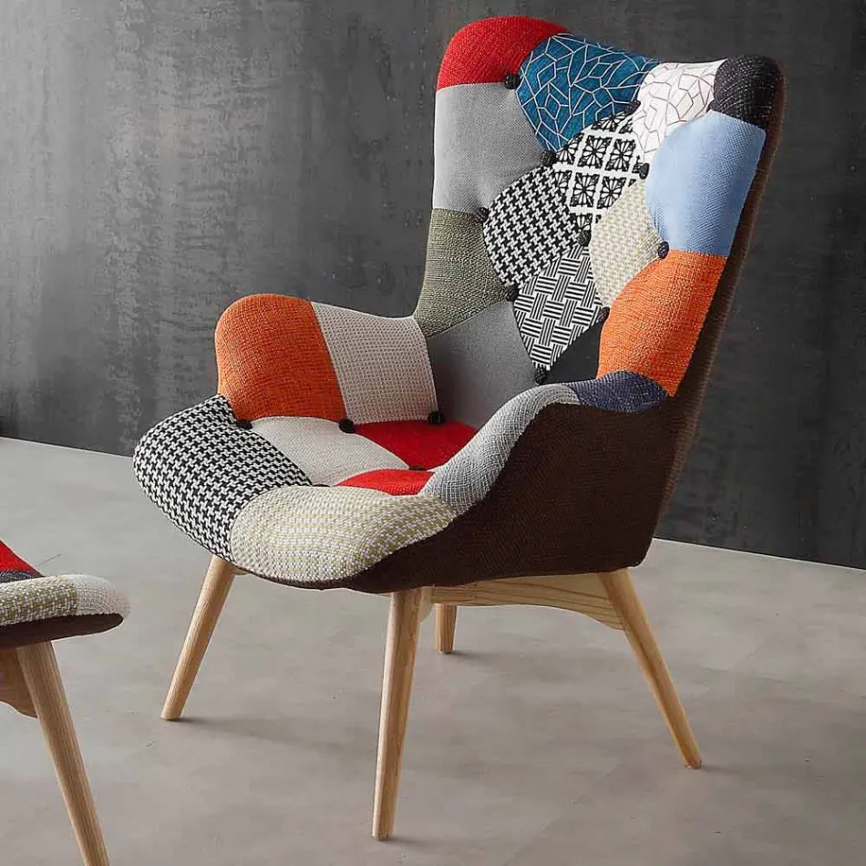 Set 2 poltrone patchwork multicolor con gambe in massello Veronica Viadurini