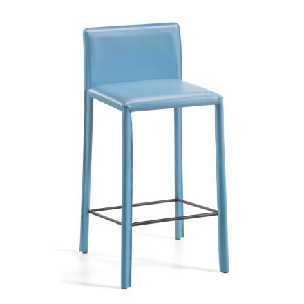 Sgabello con Schienale Basso in Cuoio Blu Made in Italy - Delfino Viadurini