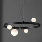 Sospensione di Design Ovale in Alluminio Nero con Sfere e Faretti - Esodo Viadurini