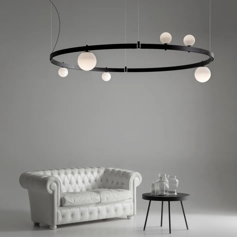 Sospensione di Design Tondo in Alluminio Nero con Sfere e Faretti - Esodo Viadurini