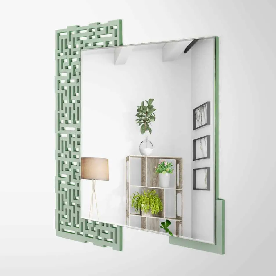 Specchio a Muro Design Quadrato Moderno in Legno Verde Decorato - Labirinto Viadurini