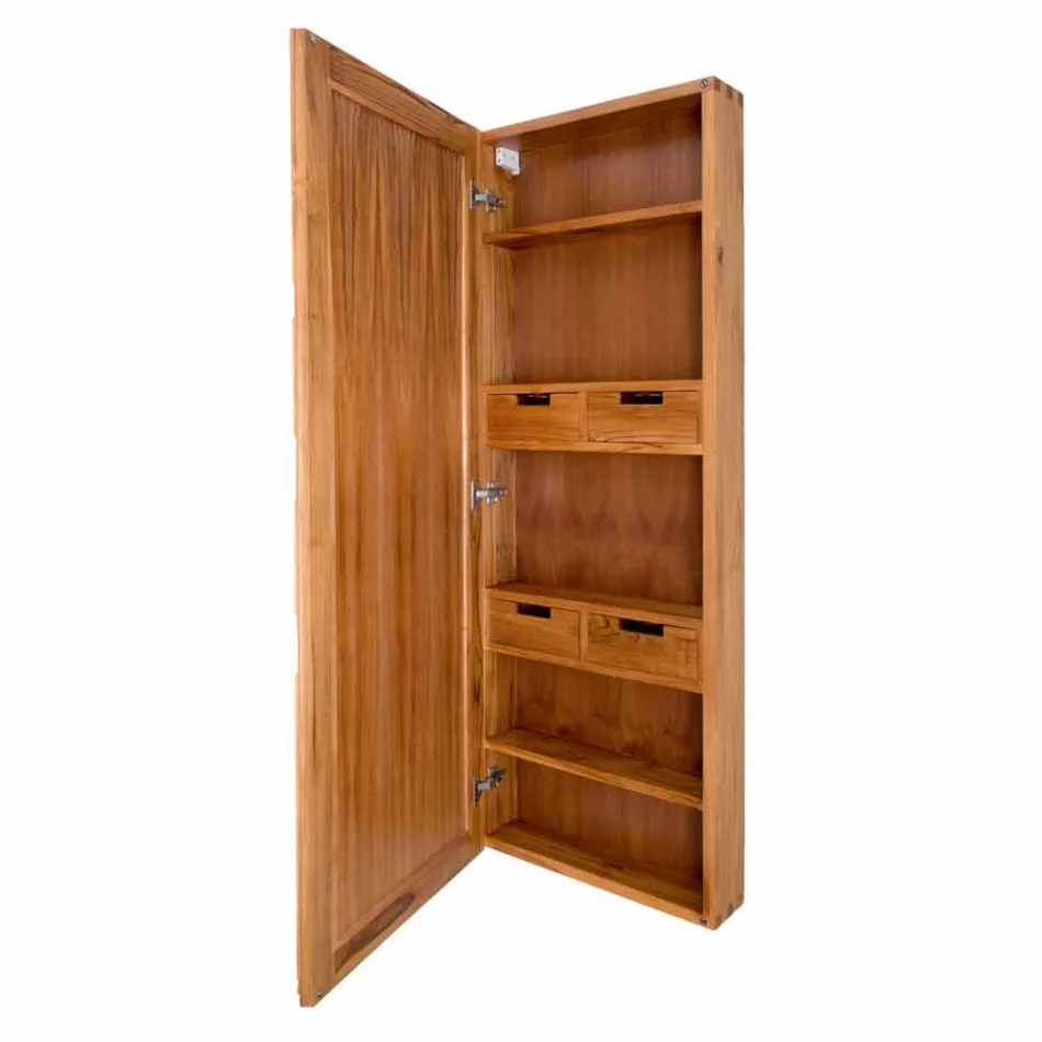 Specchio Contenitore da Parete in Teak con Ripiani e Cassetti Interni - Ralio Viadurini