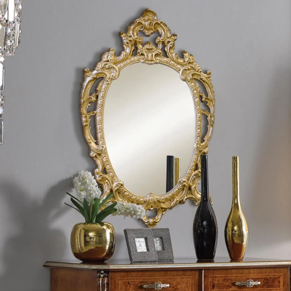 Specchio Ovale Classico Legno Foglia Oro e Argento Made in Italy - Vanessa Viadurini