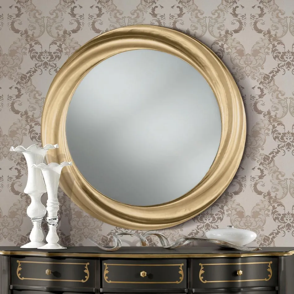 Specchio Rotondo con Cornice in Legno Oro di Lusso Made in italy - Adelin Viadurini