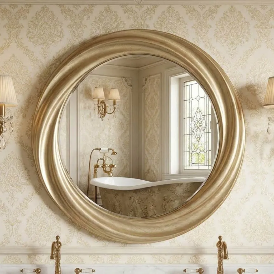 Specchio Rotondo con Cornice in Legno Oro di Lusso Made in italy - Adelin Viadurini