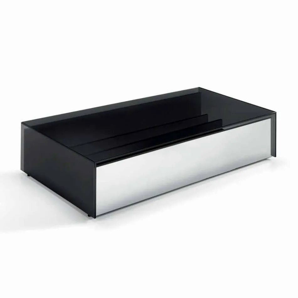 Tavolino Basso da Salotto in Vetro Fumè e Cassetti in Legno 3 Misure - Mantra Viadurini